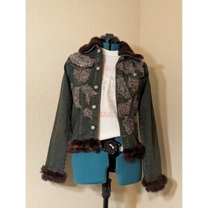 Hazel Beaded Floral Embellished Denim Jacket Brown Faux Fur Trim Small Y2K READ